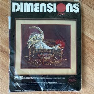 Dimensions The Roost chicken crewel kit sealed